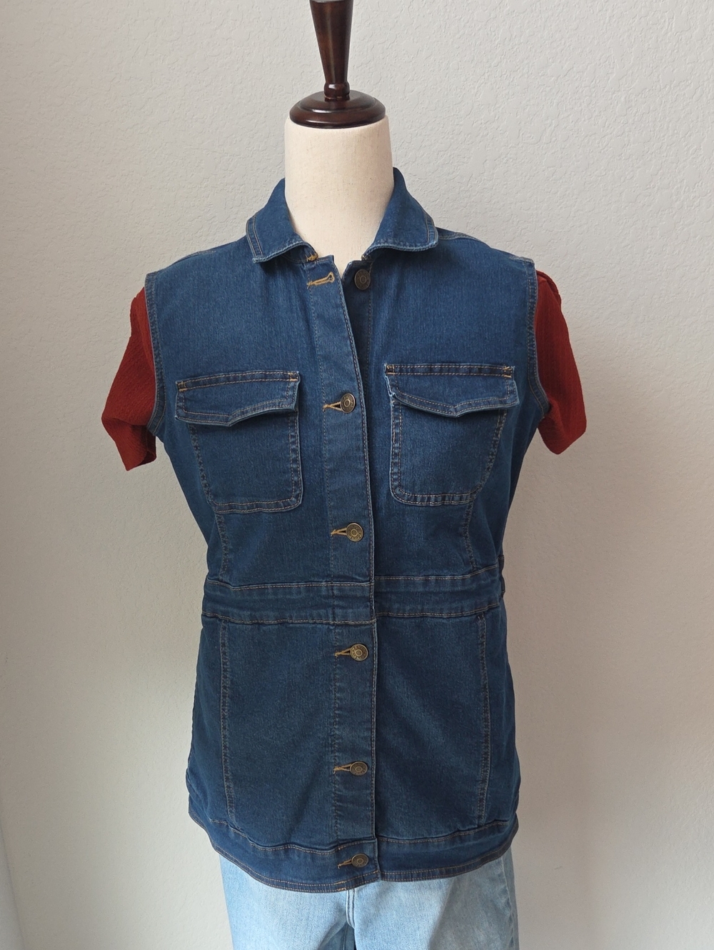 Sleeveless Jean Denim Jacket Button-Front Vest Blue Utility Work Mid Length XS
